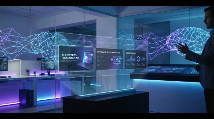 Futuristic AI interface generating presentation slides on holographic display with neural network patterns