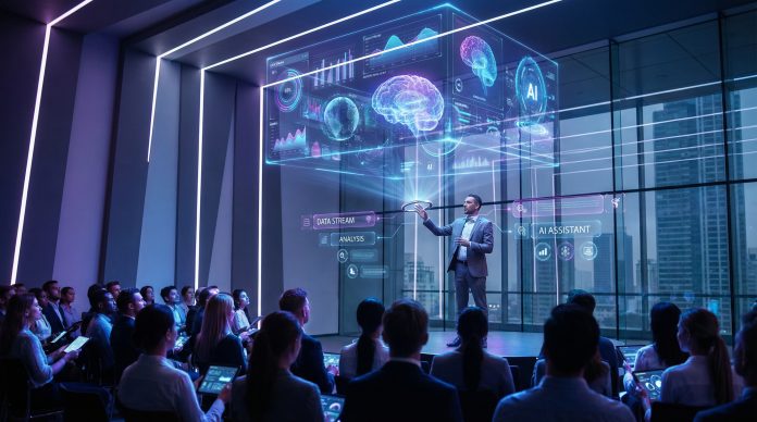 AI-powered presentation tools creating smart slides with futuristic holographic display