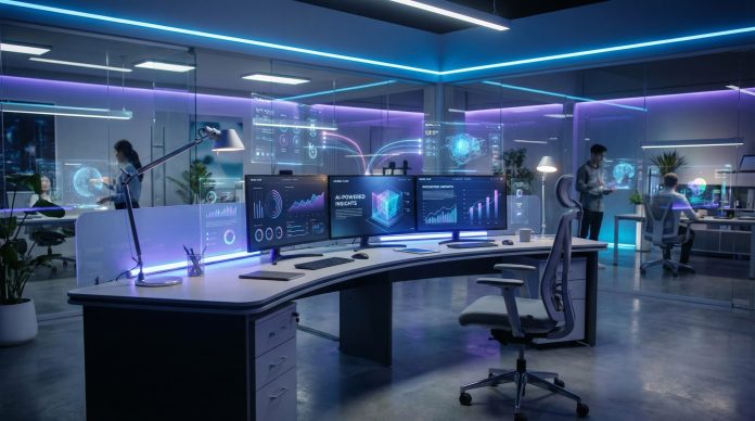 Best AI presentation tools 2026 - futuristic workspace with AI-powered presentation software