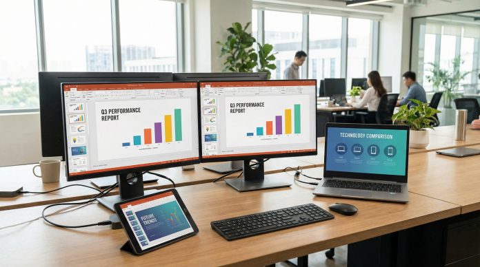 Best presentation software 2026 - multiple devices showing slide editing tools