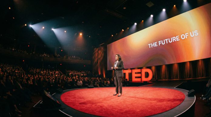 Best TED talks for presenters - speaker on TED stage with dramatic lighting
