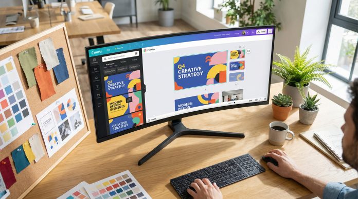 Canva presentation tips and tricks - designer creating slides on widescreen monitor
