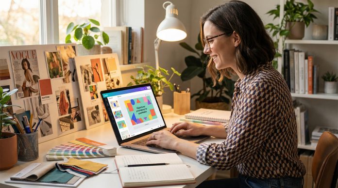 Creative professional designing stunning presentation slides using Canva on a laptop