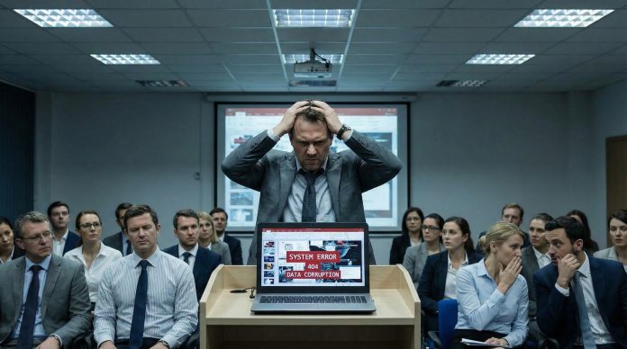 Frustrated presenter at podium with cluttered error-filled presentation slide and confused audience