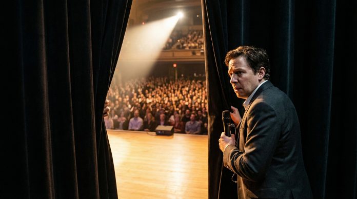 Speaker backstage overcoming stage fright before stepping into the spotlight for public speaking