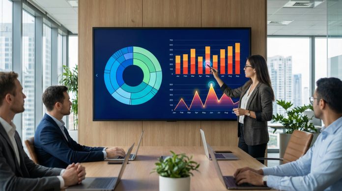 Data visualization expert presenting colorful charts and graphs on a presentation screen