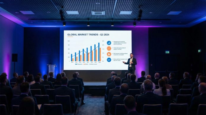 Professional PowerPoint presentation with clean charts displayed at a corporate event