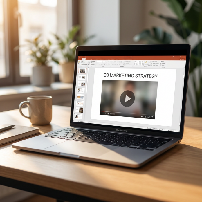 Laptop showing a PowerPoint slide with an embedded video player on a modern office desk