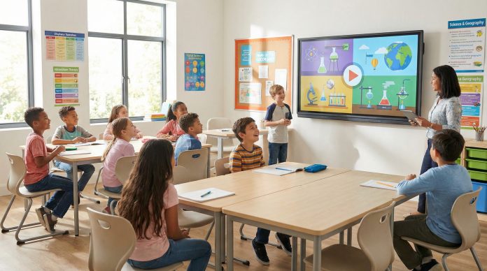 Engaging Google Slides for students - classroom with students attentively watching presentation