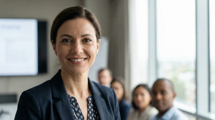 Speaker making confident eye contact during a presentation