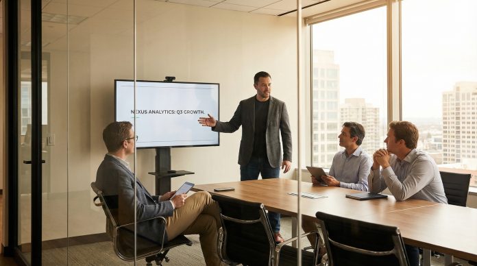 Famous pitch deck presentations - entrepreneur pitching to investors in conference room