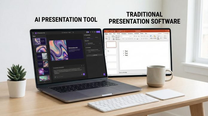 Gamma vs PowerPoint comparison - two presentation tools side by side on modern desk
