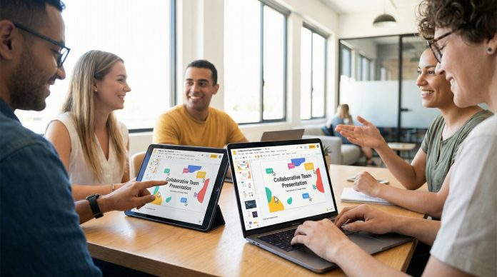 Team collaborating on Google Slides presentation in real-time across multiple devices