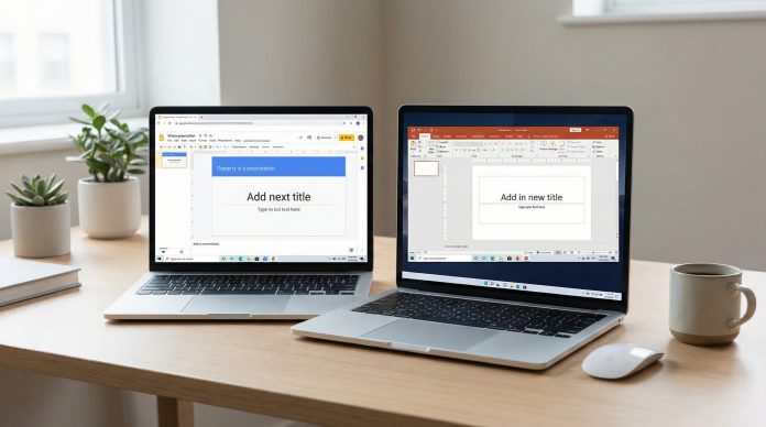 Google Slides vs PowerPoint - side by side comparison on laptops