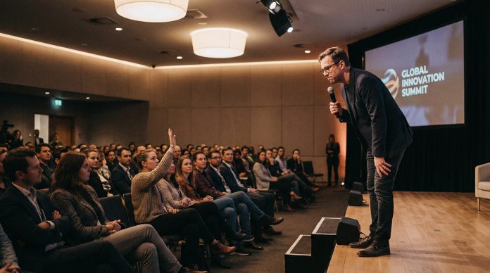 Speaker handling tough questions from audience after presentation