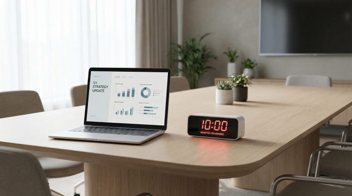 Presentation timer showing 10 minutes next to laptop with organized slides in modern meeting room