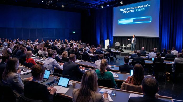 Presenter delivering a 30-minute conference talk with engaged audience taking notes