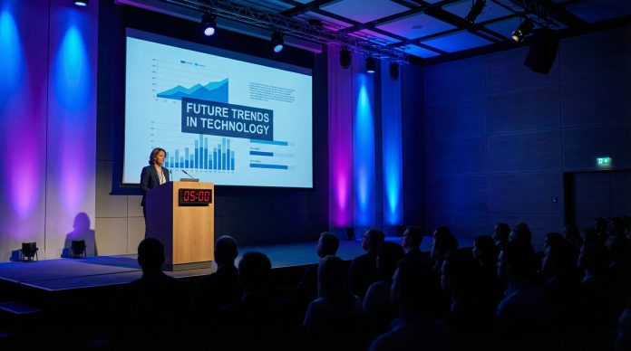 How many slides for a 5-minute presentation - speaker at podium with timer