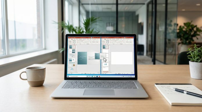 How to copy slides from one PowerPoint to another - two presentations side by side on laptop
