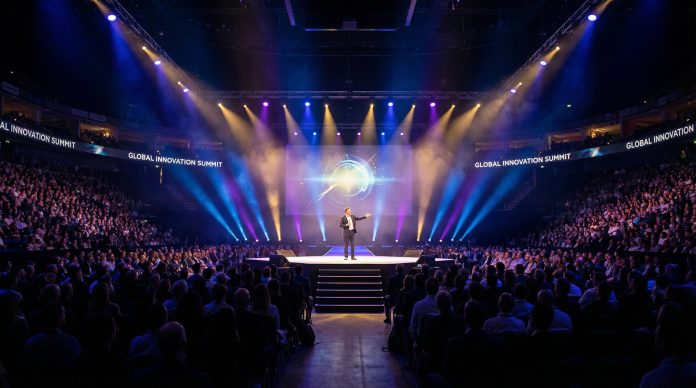 Keynote speaker engaging a large conference audience from stage
