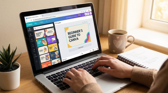 How to make a presentation in Canva - laptop showing Canva editor with templates