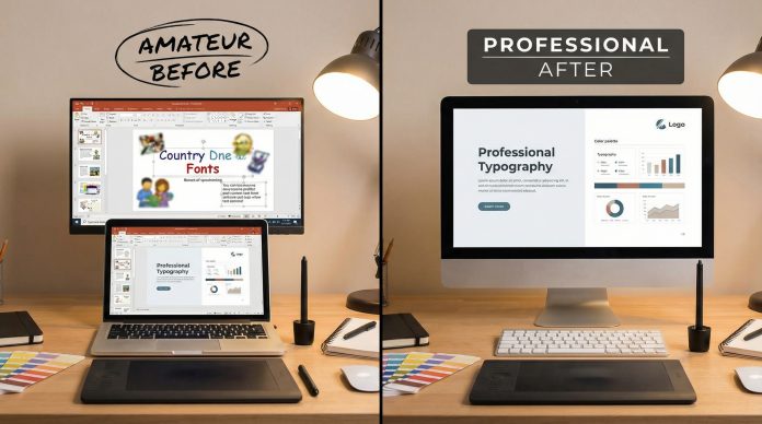 Before and after comparison of amateur slide being redesigned into professional slide on designer workstation