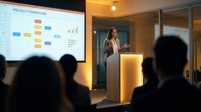 Professional presenter showing a project framework on screen in a corporate conference room