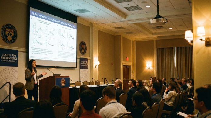 How to present a research paper - student at academic conference podium