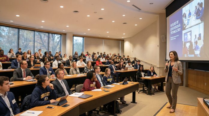 How to present a seminar - confident speaker in lecture hall with audience