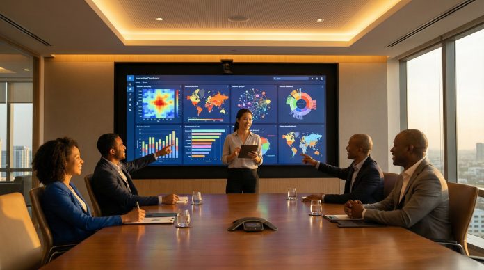 Data analyst presenting colorful interactive dashboard with charts in a modern boardroom