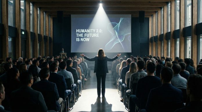 Speaker opening a presentation with arms wide addressing captivated audience in modern auditorium