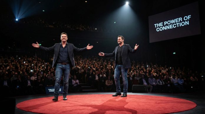 How to start a presentation speech - speaker on TED-style stage with audience