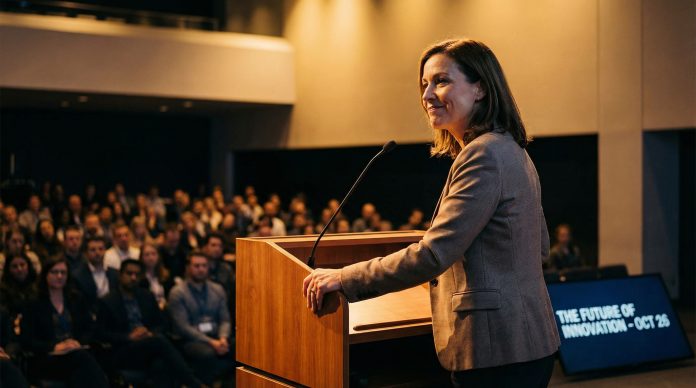 Speaker pausing confidently at podium — how to stop saying um when presenting