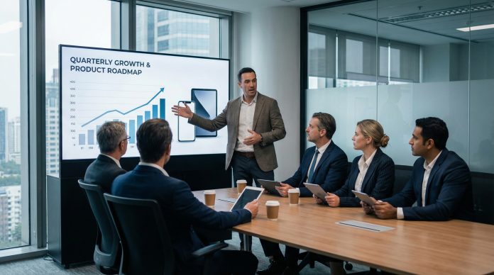 Entrepreneur presenting pitch deck to venture capital investors in a modern boardroom