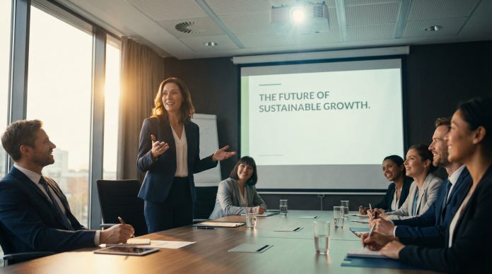 Professional speaker delivering a powerful presentation to an engaged audience in a conference room