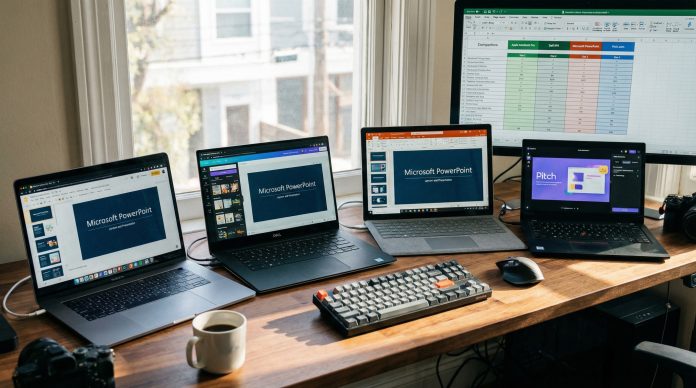 Multiple laptop screens showing different presentation software interfaces side by side on a modern desk
