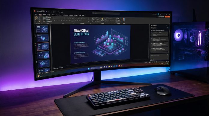 PowerPoint tips and tricks 2026 - modern PowerPoint interface on ultrawide monitor