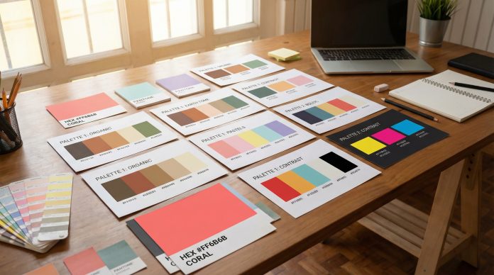Presentation slides with different color schemes on a designer desk with color swatches and hex code cards