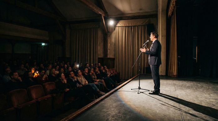 Speaker at microphone with audience leaning forward in anticipation at the opening of a presentation