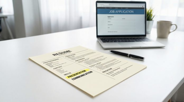 Presentation skills for resume - professional resume on desk with pen and laptop