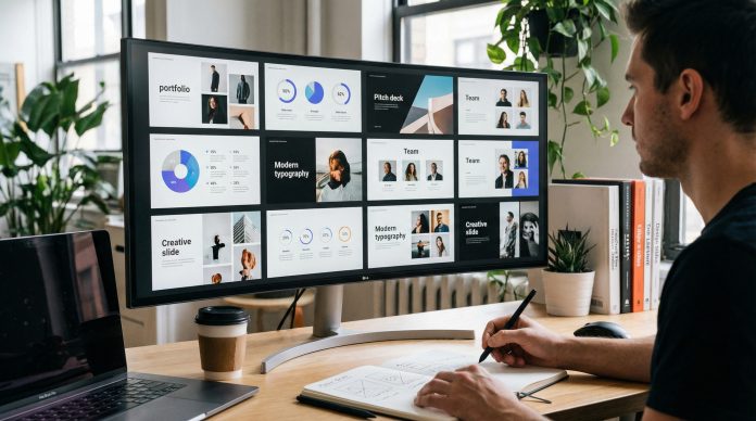 Collection of professional presentation templates displayed on screen showing variety of beautiful slide designs
