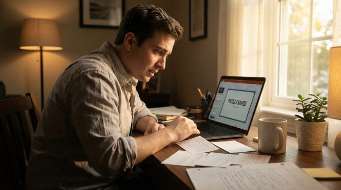Young professional preparing their first presentation at a desk with notes and laptop