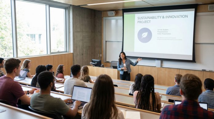 College student delivering an engaging presentation to classmates in a modern university lecture hall