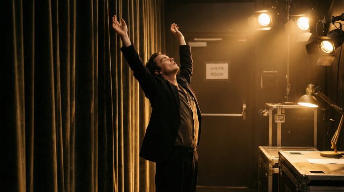 Speaker doing warm-up routine backstage before presentation