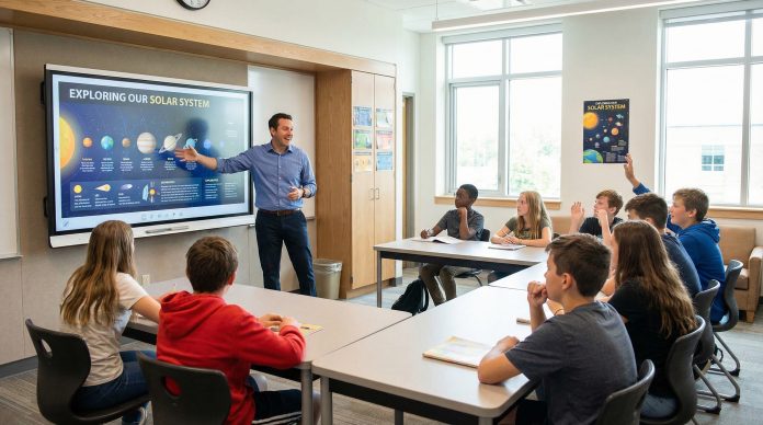 Teacher using engaging presentation slides to educate attentive students in a modern classroom