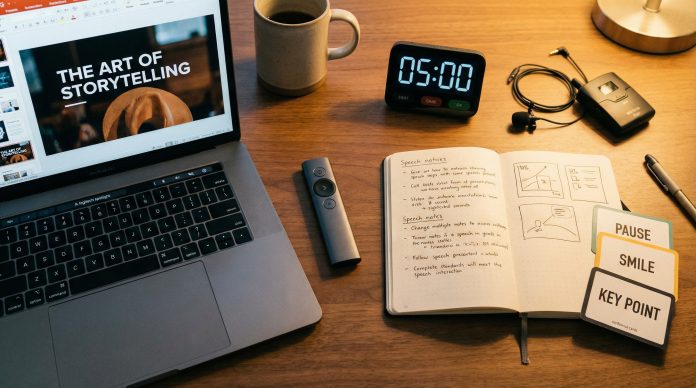 Essential presenter toolkit with clicker, laptop, notes, timer, and microphone arranged on a desk