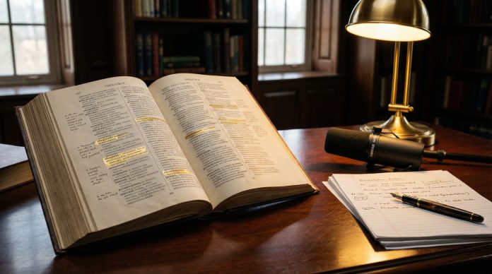 Open thesaurus with presentation vocabulary on a desk