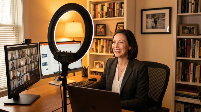 Professional delivering an engaging remote presentation via Zoom with ring light and dual monitor setup