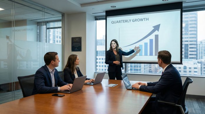 Sales professional delivering a compelling pitch presentation to close a business deal