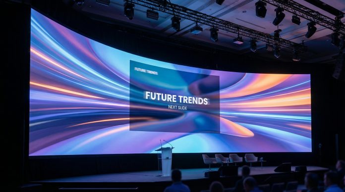 Dynamic slide animation transitions with flowing motion effects on a presentation screen